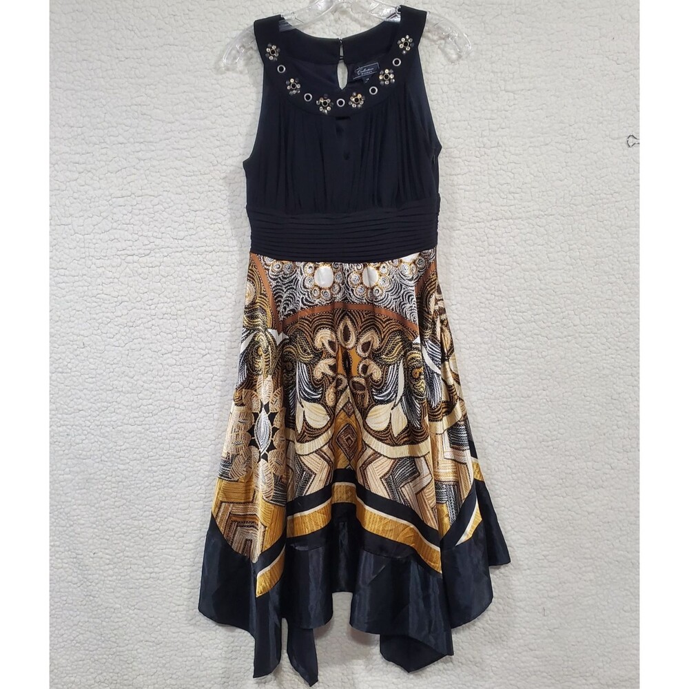 Dressbarn Collection Dress 14 Black Gold Paisley Halter Handkerchief Midi